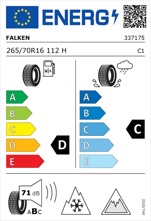 Tyre Label for Falken Wildpeak A/T AT3WA 265/70R16 112H