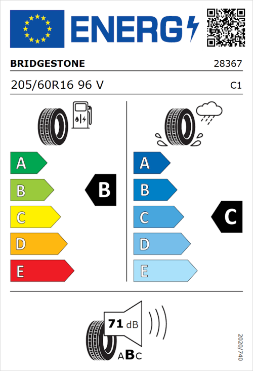 Tyre Label for Bridgestone Dueler H/L 422 Ecopia 205/60R16 96V