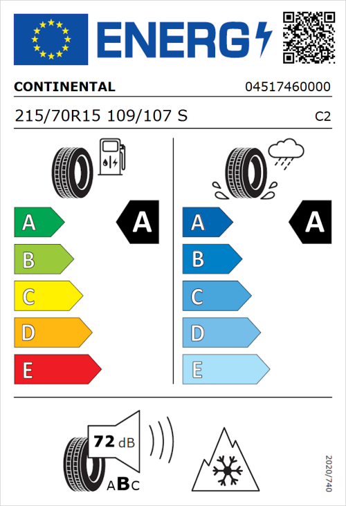 Tyre Label for Continental VanContact Eco 215/70R15 109/107S