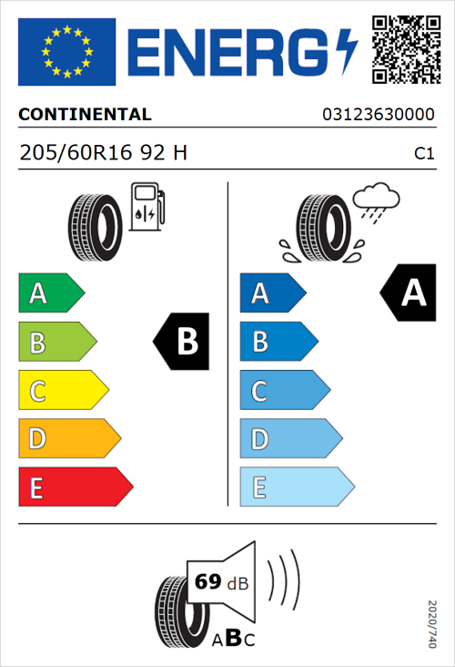 Tyre Label for Continental UltraContact 205/60R16 92H