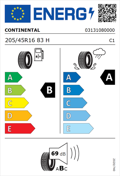 Tyre Label for Continental UltraContact 205/45R16 83H