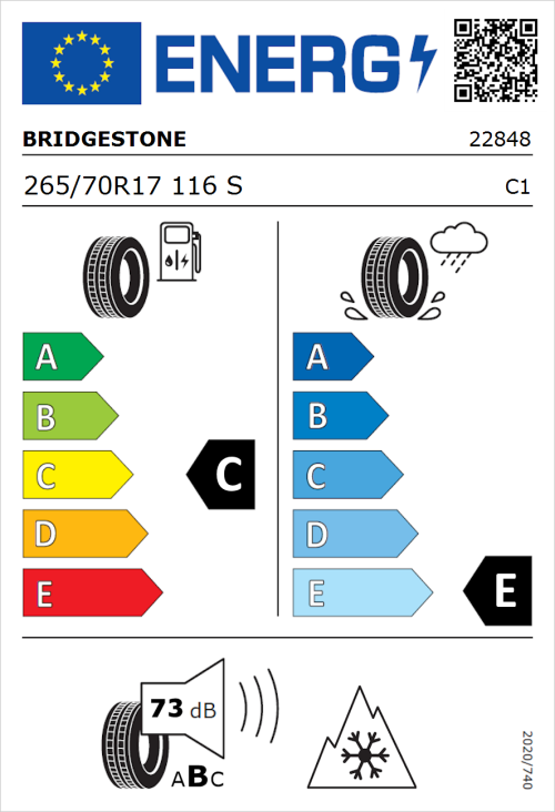 Tyre Label for Bridgestone Dueler A/T 001 265/70R17 116S