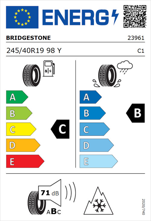 Tyre Label for Bridgestone Turanza All Season 6 245/40R19 98Y