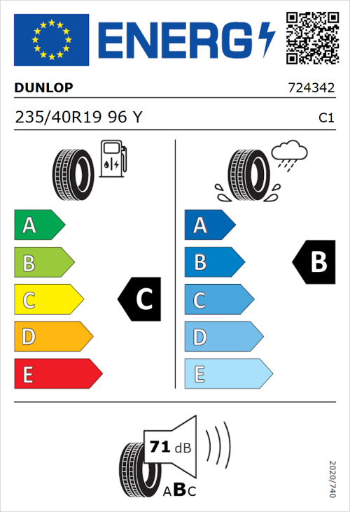 Tyre Label for Dunlop SP SportMaxx RT 235/40R19 96Y