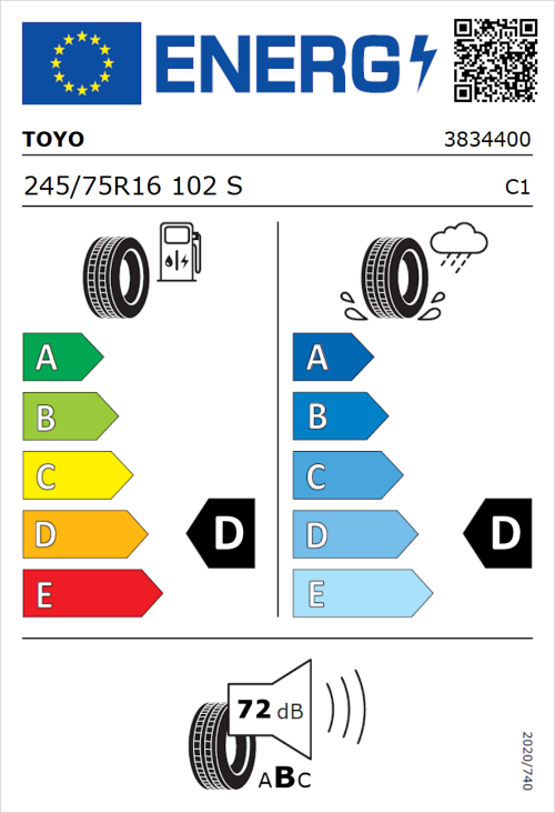 Tyre Label for Toyo Open Country AT 245/75R16 102S
